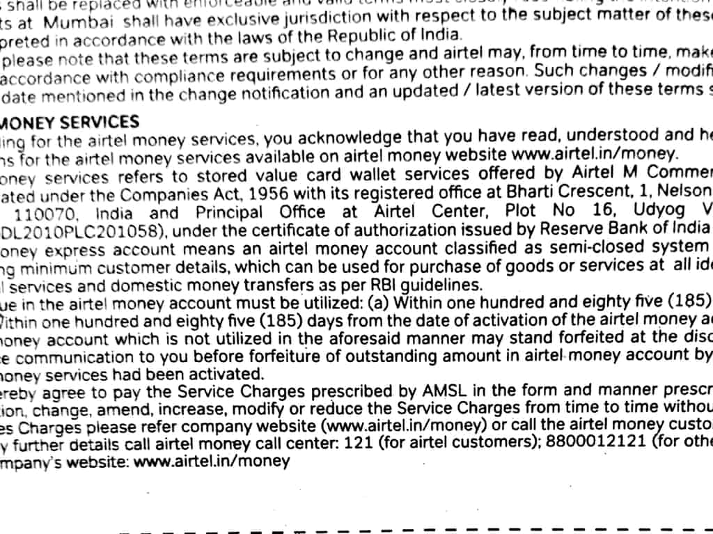 A section of the terms and conditions in Airtel’s prepaid application form that relates to Airtel Money Services.