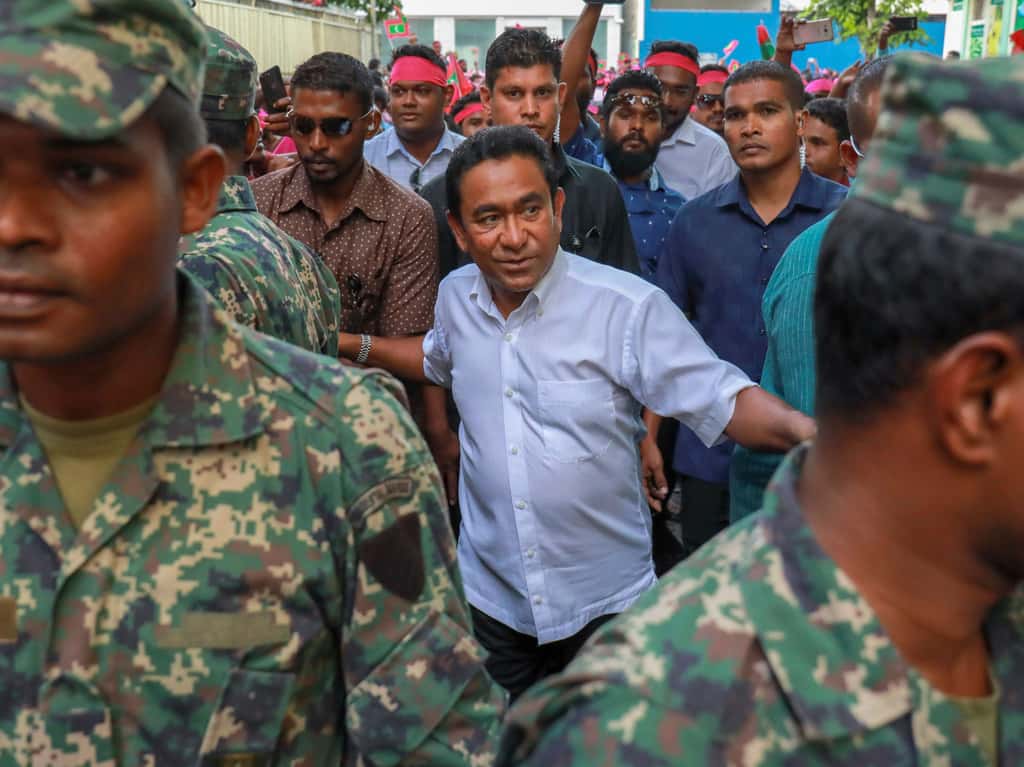 Maldivian president Yameen Abdul Gayoom, center, surrounded by his body guards arrives to address his supporters in Male, Maldives, on February 3, 2018. (Photograph: AP/PTI)
