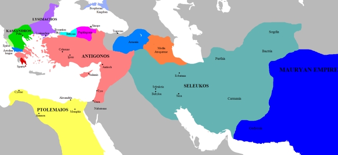 Split-up of Alexander’s empire after the War of the Diadochi. Seleucid Empire Marked in Green (<a href=