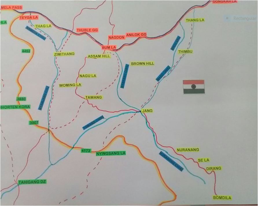 Schematic sketch showing the advance of the Chinese to Sela between 20 October and 20 November 1962.