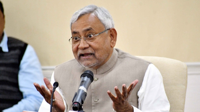 Bihar Chief Minister Nitish Kumar addresses a press conference in Patna on February 12