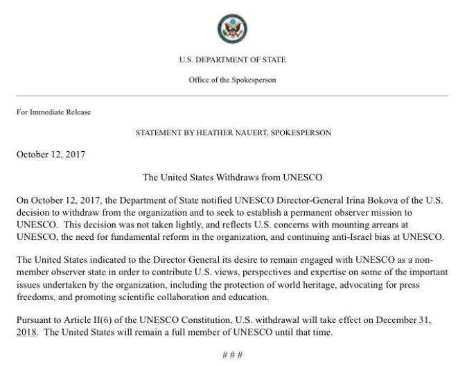 America’s official statement announcing their exit from UNESCO